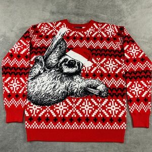 Raisevern Ugly Christmas Sweater Sloth Santa Hat Holiday Fair‎ Isle Red XL